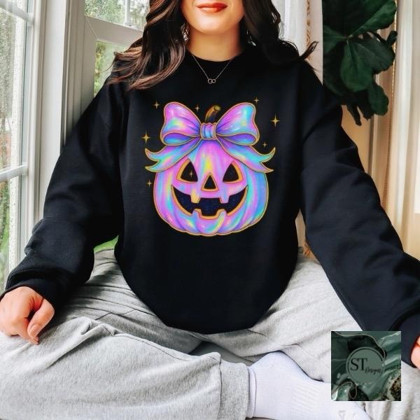 Iridescent Pumpkin Sweatshirt  Womenswear  Black  Crewneck  Pullover graphic halloween T-Shirts, Hoodie | HypeCrazeTee.com