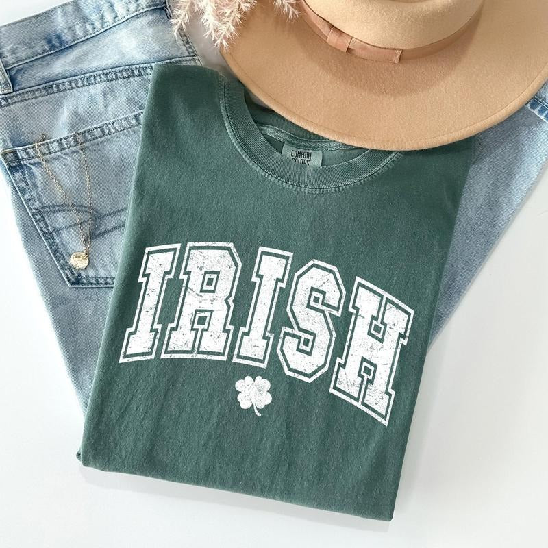 Irish, Retro Lettering, Collegiate, St Patrick's Day Comfort Colors Tshirt, Women's Crew Neck, Crewneck Hoodie, Sweatshirt