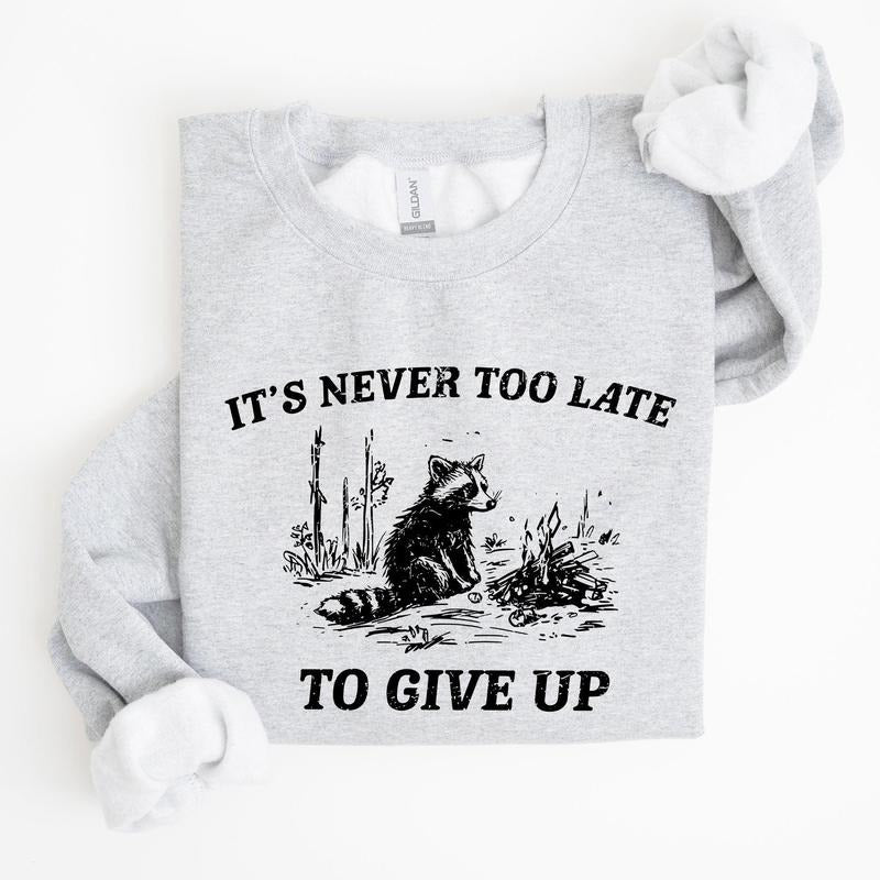It's Never Too Late To Give Up, Raccoon, Funny, Aesthetic Sweatshirt T-Shirts, Hoodie | HypeCrazeTee.com
