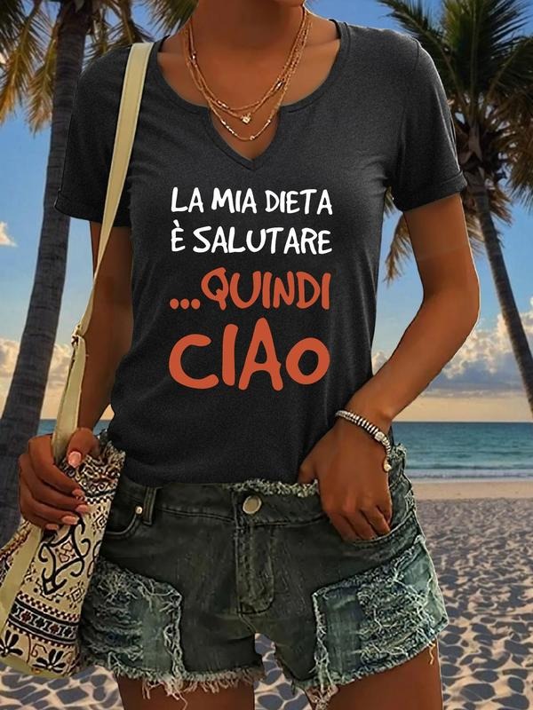 Italian LA MIA DIETA È SALUTARE Letter Print T-Shirt, Trendy Women's Short Sleeve V Neck Summer Casual Top, Stylish...