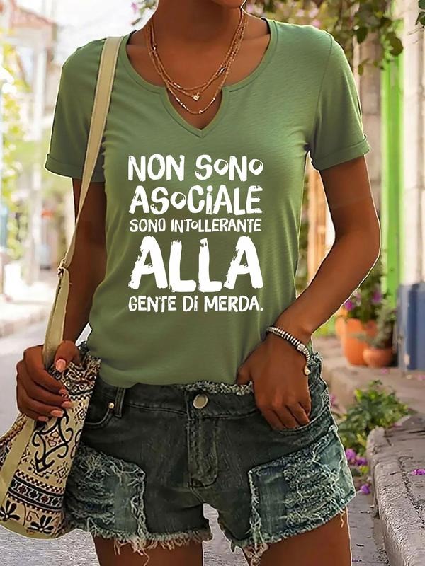 Italian Language Non Sono Asociale T-Shirt, Fitted Casual Summer V Neck Tee for Women, Trendy Graphic Top Hoodie, Sweatshirt