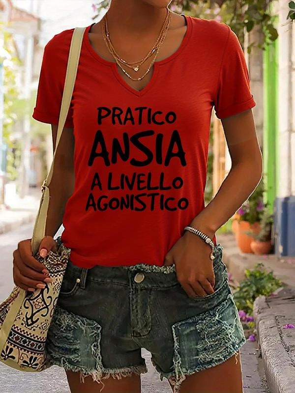 Italian Pratico Ansia a Livello Agonistico Print T-Shirt, Casual Fitted Summer V-Neck Short Sleeve Top for Women, Trendy...