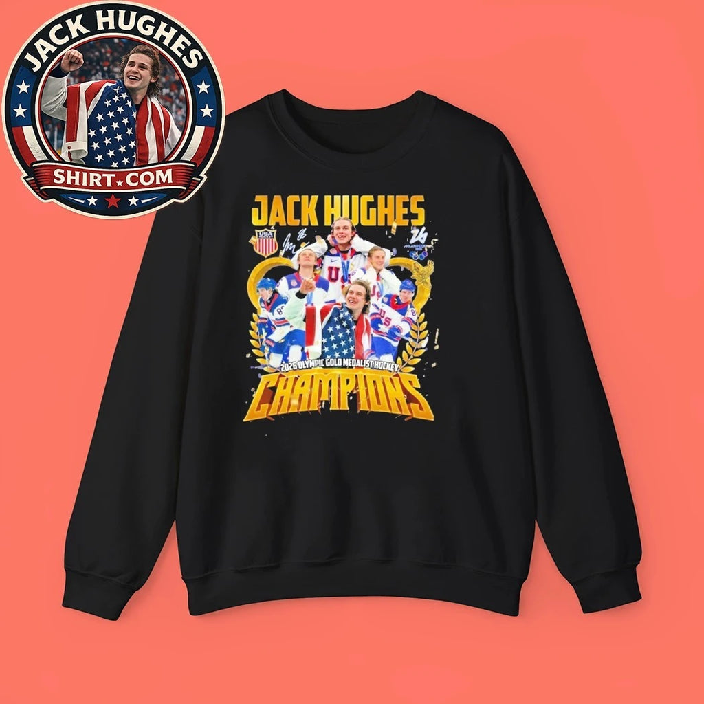 Jack Hughes 2026 Olympic Gold Medalist Hockey Champions T-Signature And Logo Shirt