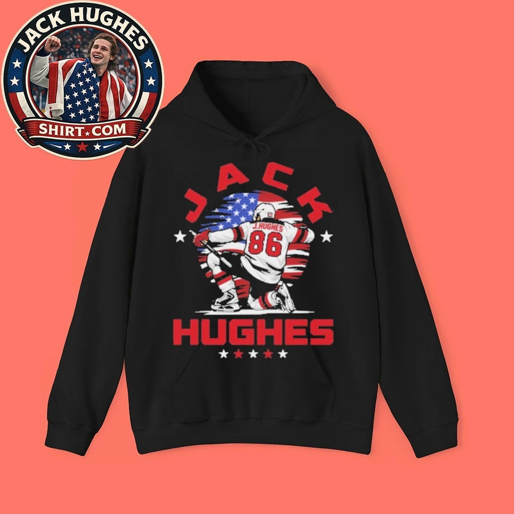 Jack Hughes 86 New Jersey USA Flag Celebration Shirt