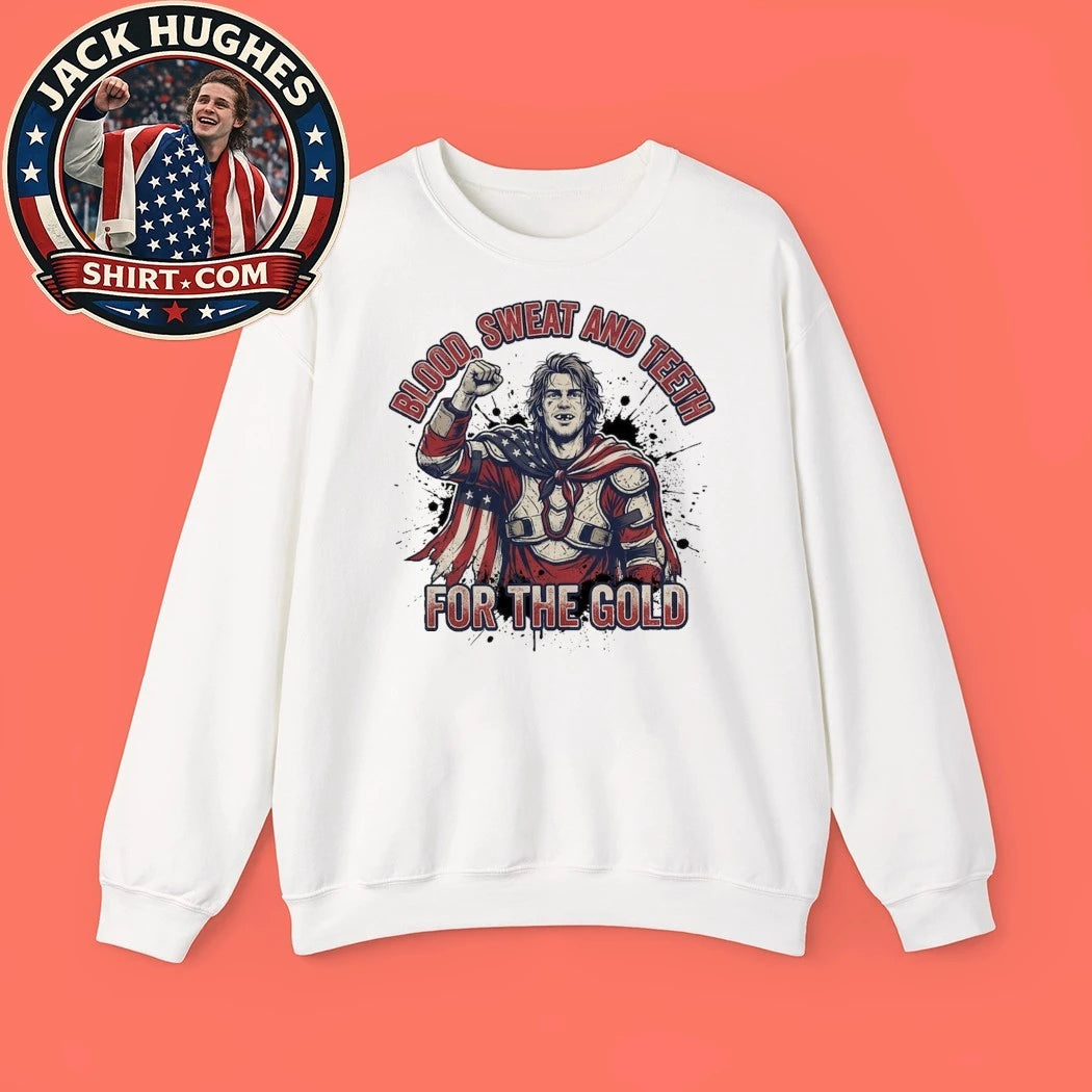 Jack Hughes Bloody Blood Sweat and Teeth for the Gold USA Hockey Graphic T-Shirt