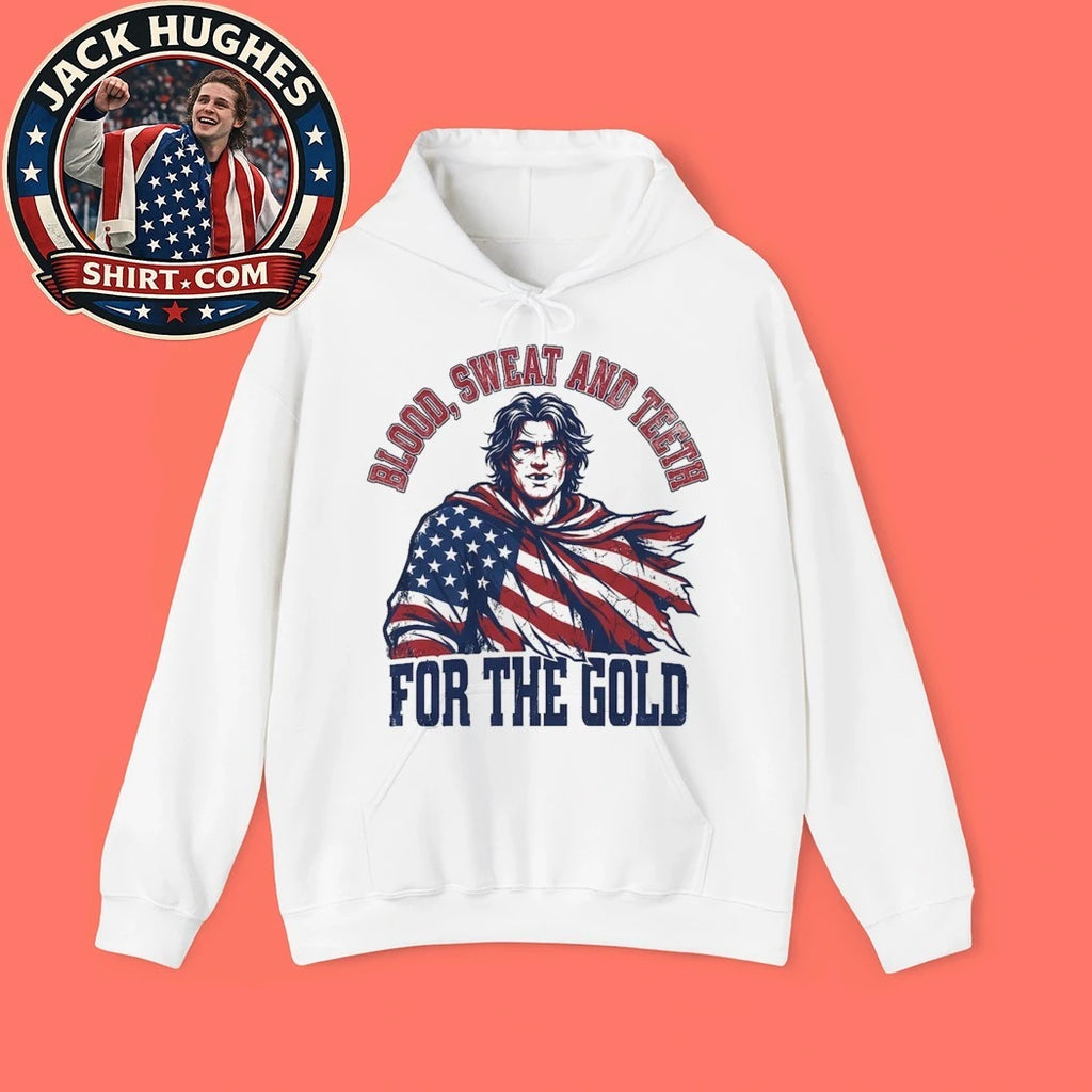 Jack Hughes Bloody Blood Sweat and Teeth for the Gold USA Hockey Olympic Golden Goal Trending T-Shirt