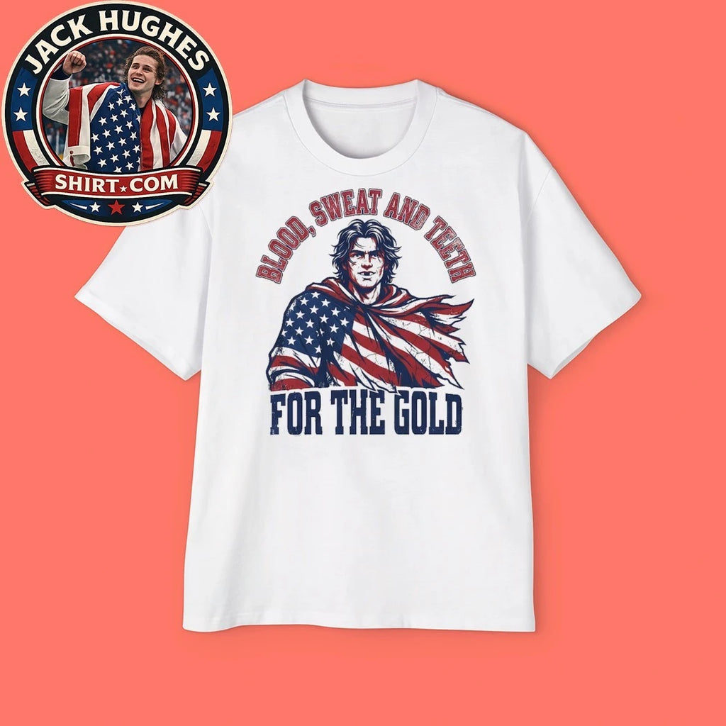 Jack Hughes Bloody Blood Sweat and Teeth for the Gold USA Hockey Olympic Golden Goal Trending T-Shirt