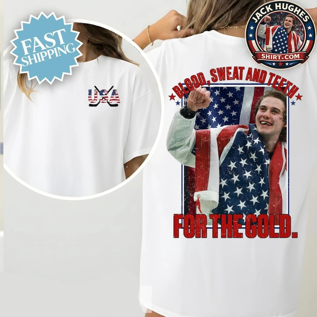 Jack Hughes Bloody Blood Sweat and Teeth for the Gold USA Hockey Two Sided Graphic T-Shirt