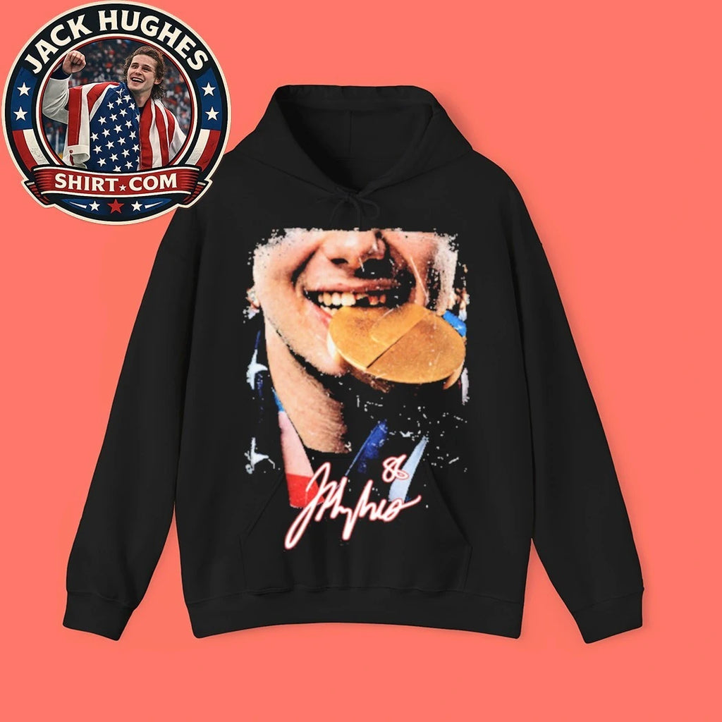 Jack Hughes Gold Medal USA Hockey Signature Tee Shirt