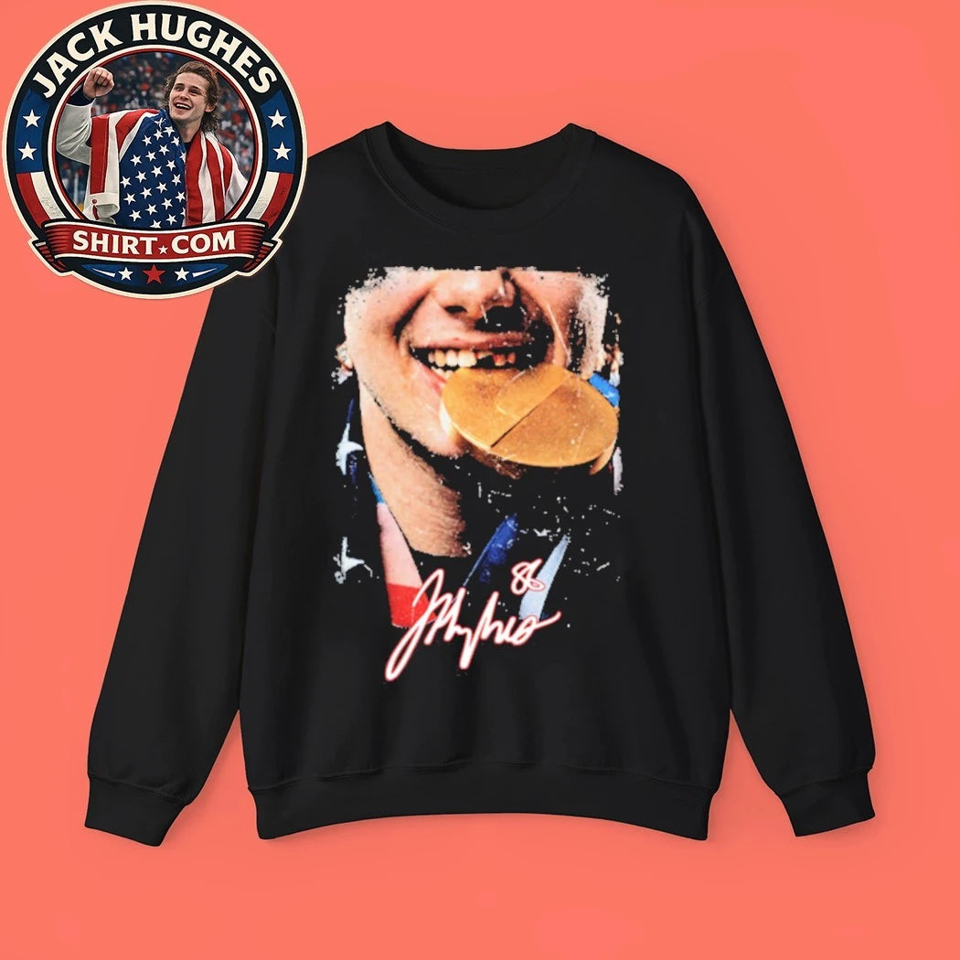 Jack Hughes Gold Medal USA Hockey Signature Tee Shirt