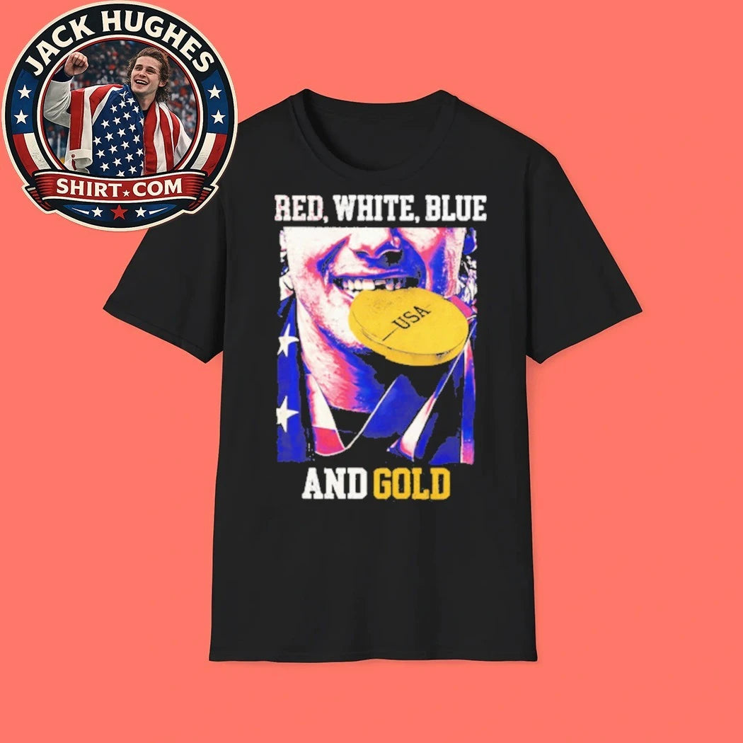 Jack Hughes Red White Blue and Gold USA Hockey 2026 Winter Olympics Graphic T-Shirt
