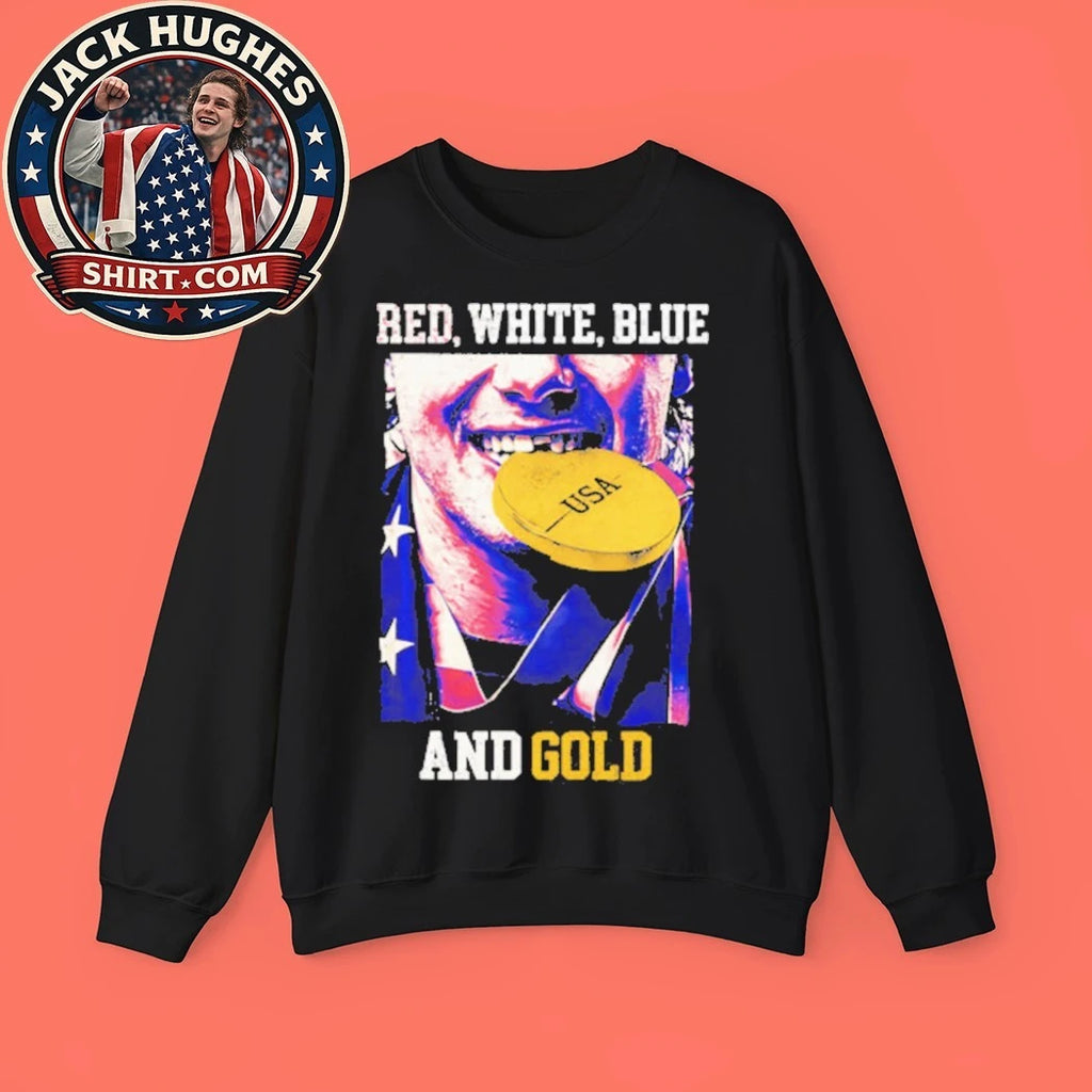 Jack Hughes Red White Blue and Gold USA Hockey 2026 Winter Olympics Graphic T-Shirt