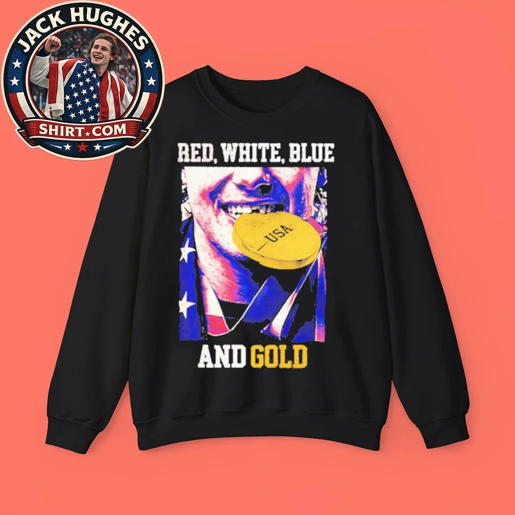 Jack Hughes Red White Blue and Gold USA Hockey 2026 Winter Olympics Graphic T-Shirt