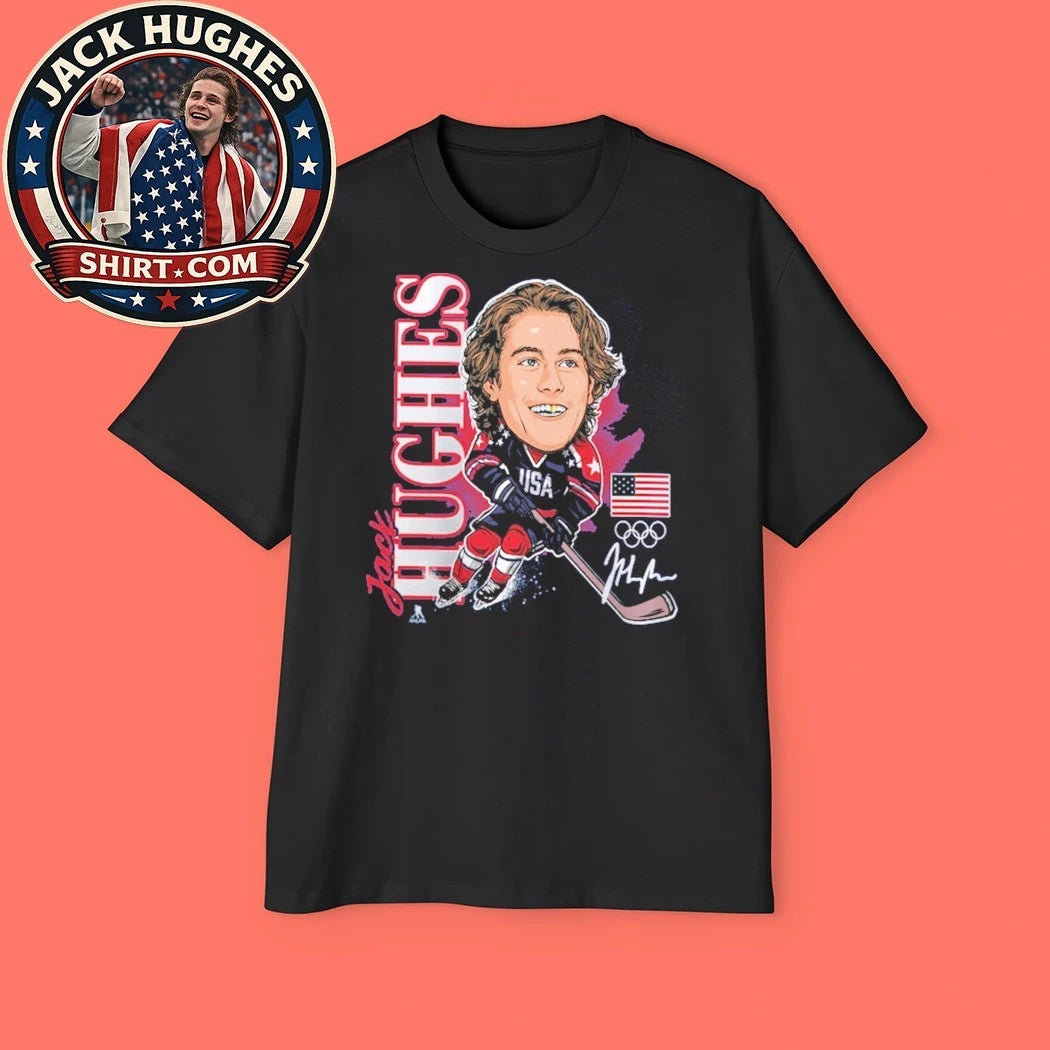 Jack Hughes USA Hockey Fanatics Gold Medal Caricature Signature New T-Shirt
