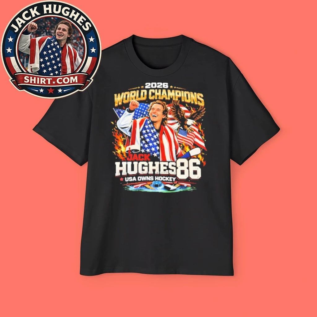 Jack Hughes USA Owns Hockey Fanatics Gold Medal Caricature New T-Shirt