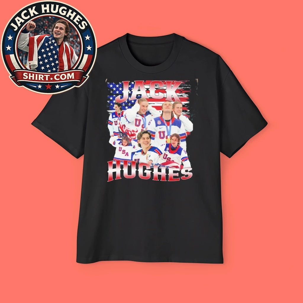 Jack Hughes Usa Gold American Hockey Flag Graphic T-Shirt