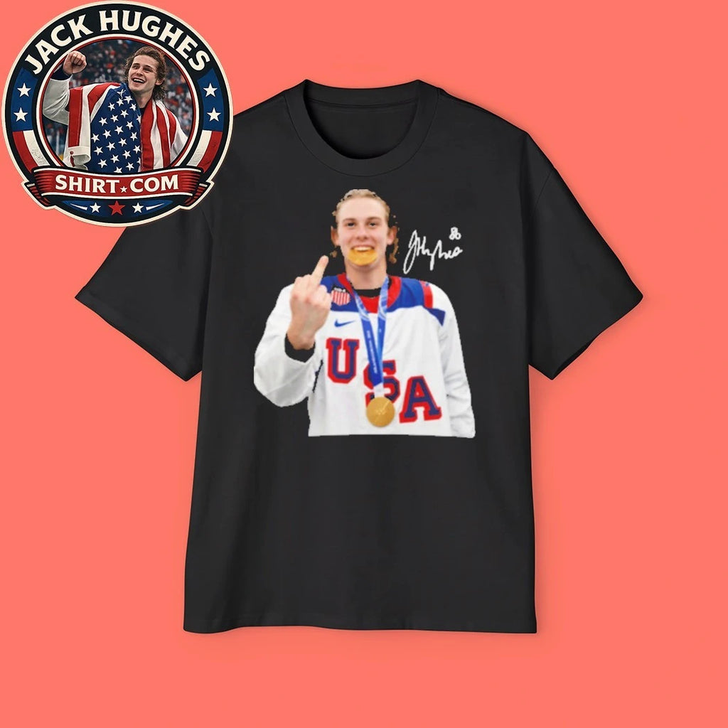 Jack Hughes middle finger, gold medal Signature 2026 Graphic T-Shirt