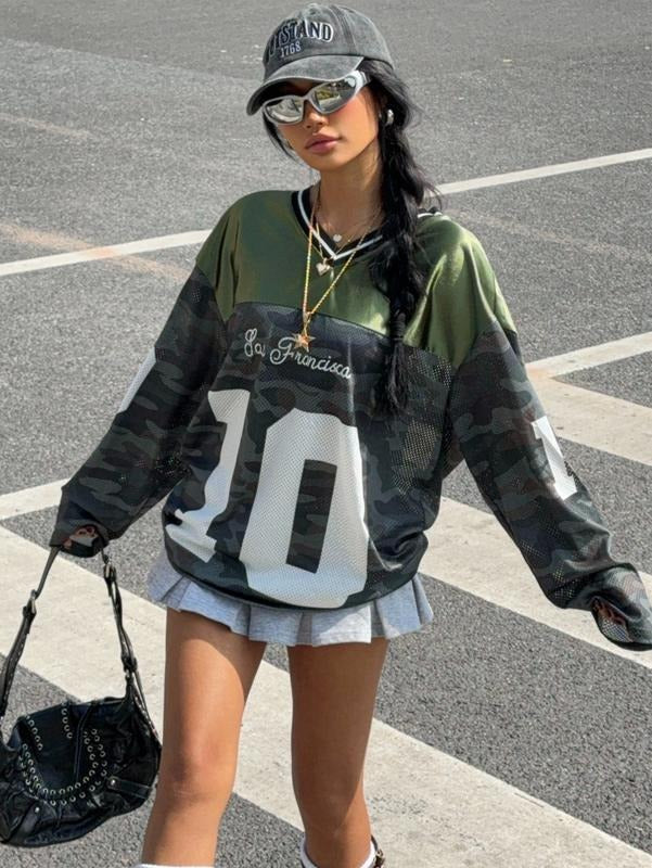 Jersey Shirt Long Sleeve Y2K Oversized V Neck Mesh Sport Graphic Tee Tops Hoodie, Sweatshirt | HypeCrazeTee.com