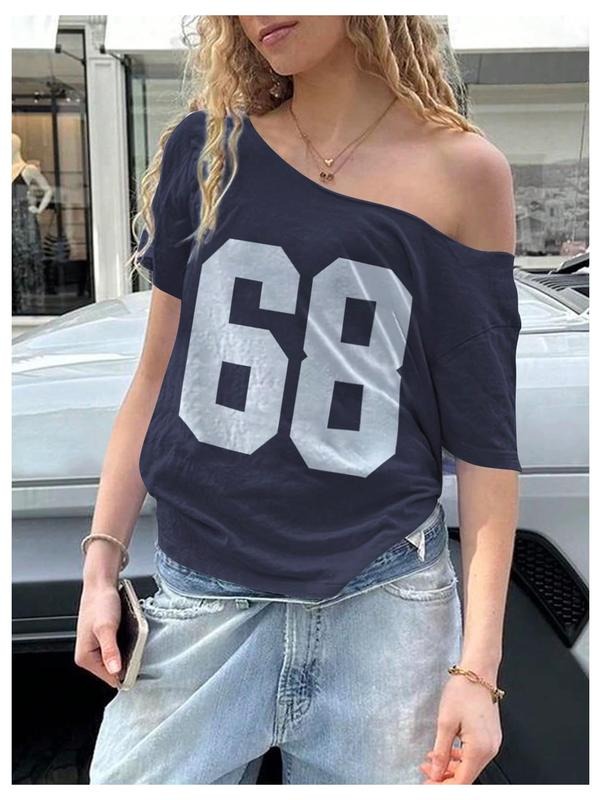 Jersey Y2K Graphic One Shoulder Number Print Streetwear T Shirts Short Sleeve Loose Casual Tee Tops Hoodie, Sweatshirt