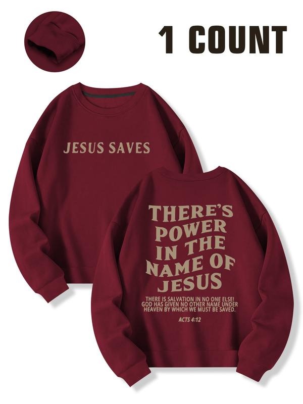 Jesus Authority Letter Print Hoodie, Christian Faith Women's Round Neck Sweatshirt, Casual Loose Fit, Long Sleeve, Fall &...