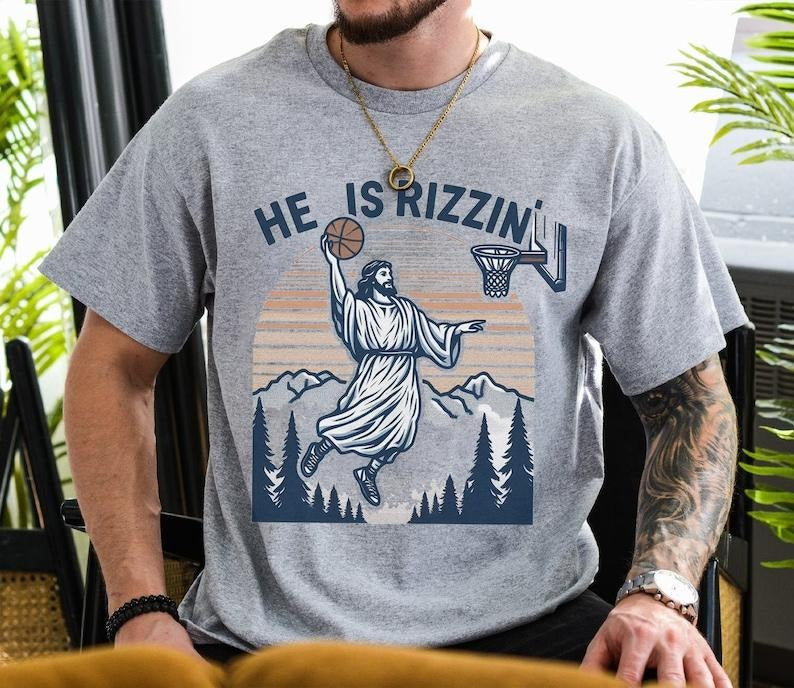 Jesus Basketball Easter Shirt - Jesus He Is Rizzin' Funny Religious Graphic Tee, Y2K Retro Faith Apparel Hoodie and...