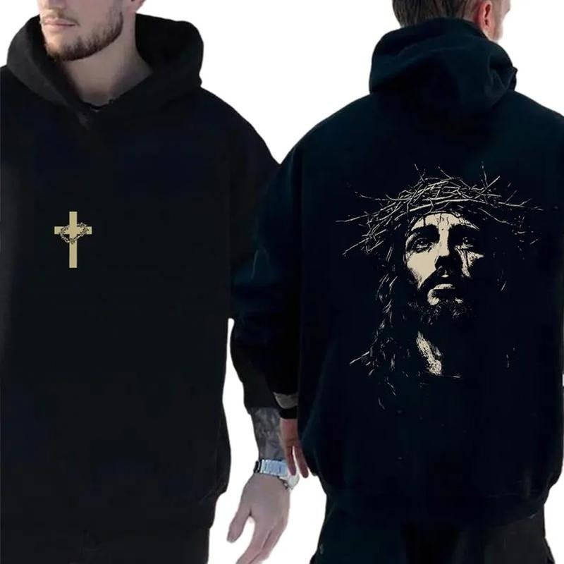 Jesus Crown of Thorns Double-Sided Christian Unises Pullover Hoodie, Faith-Based Religious Hooded Sweatshirt for Men and...