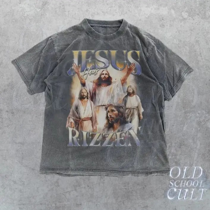 Jesus Has Rizzen Vintage Bootleg T-Shirt, Retro 90s Graphic Tee, Funny T Shirt, Washed Cotton Shirt Hoodie, Sweatshirt