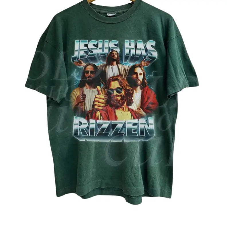Jesus Has Rizzen Vintage Graphic 90s T-Shirt, Retro Graphic Shirt, Funny Jesus Shirts, Distressed Cotton Shirt, Oversized...