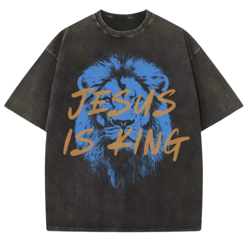 Jesus Is King Christian Shirt, Faith Streetwear Unisex Washed Tee, Religious Gift for Him or Her Bible Verse Tshirt Lion...
