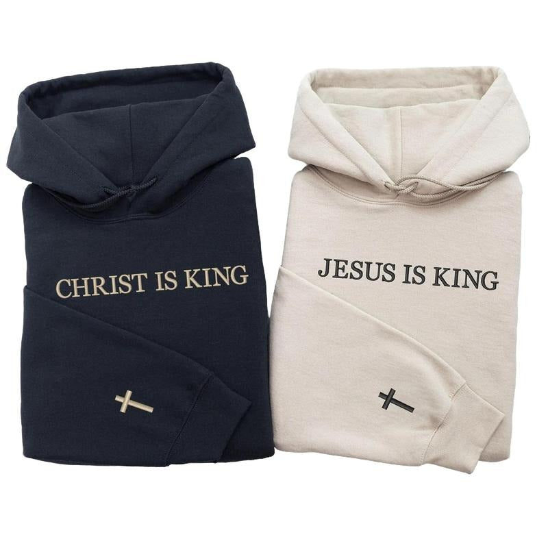 Jesus Is King Hoodie, Custom Embroidered Sweatshirt, Cross On The Sleeve, Couples Gift, Birthday Gift, Gift For Him, Gift...