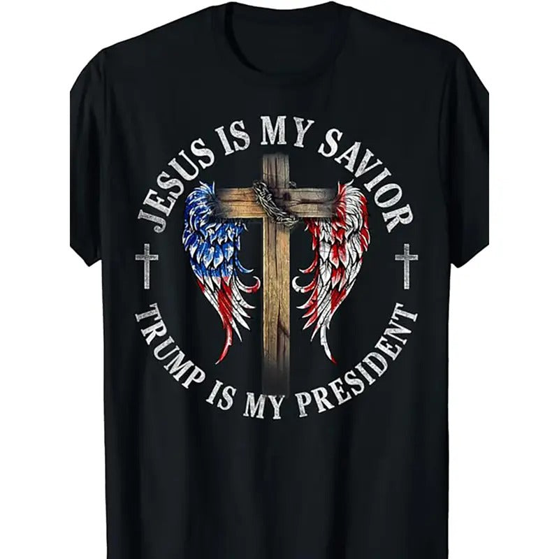 Jesus is my Savior, Trump is my President 2024 American Flag Cross Novelty T-Shirt, Men'S T-Shirt, Short Sleeve, Everyday...