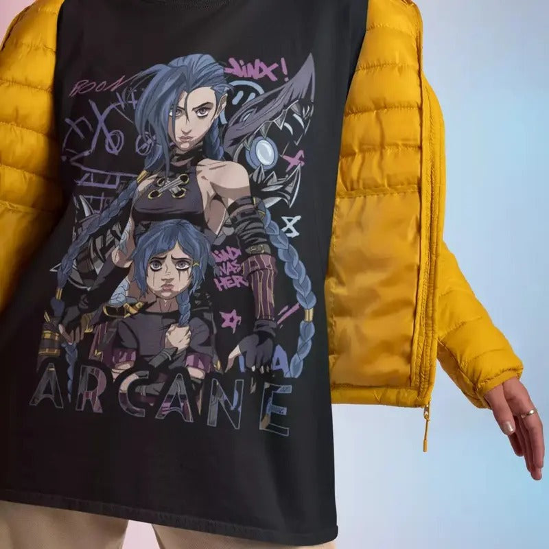 Jinx Arcane T-Shirt Japanese Anime Cartoon Jinx Arcane Graphic Shirt All Size Hoodie, Sweatshirt | HypeCrazeTee.com