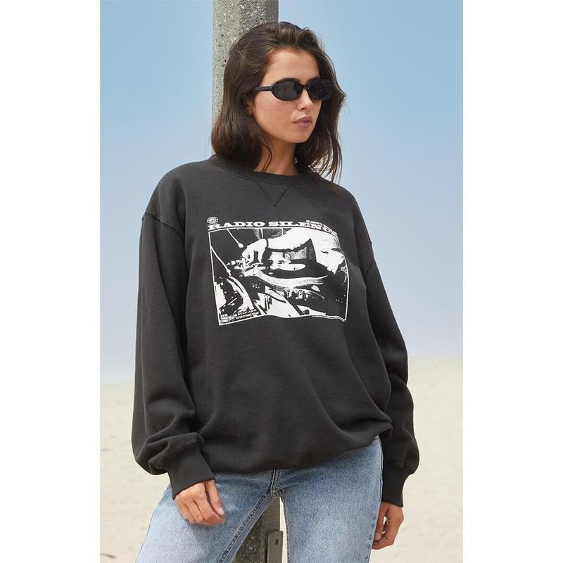 John Galt Women's Black Erica Radio Silence Crew Neck Sweatshirt T-Shirts, Hoodie | HypeCrazeTee.com
