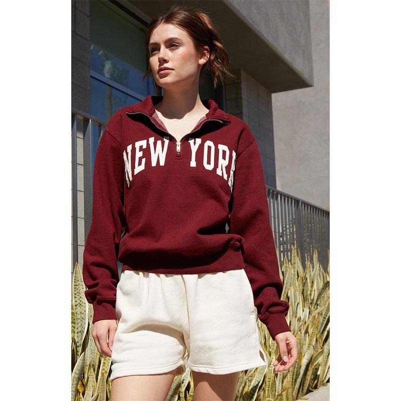 John Galt Women's Burgundy New York Half Zip Sweatshirt T-Shirts, Hoodie | HypeCrazeTee.com