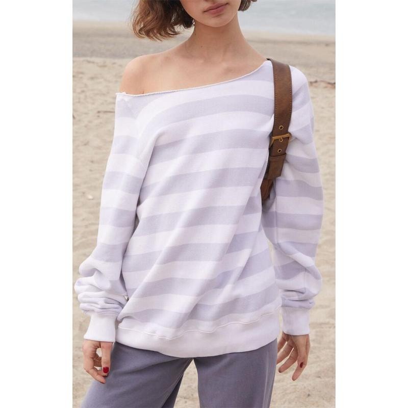 John Galt Women's Striped Fleece Off-The-Shoulder Sweatshirt T-Shirts, Hoodie | HypeCrazeTee.com