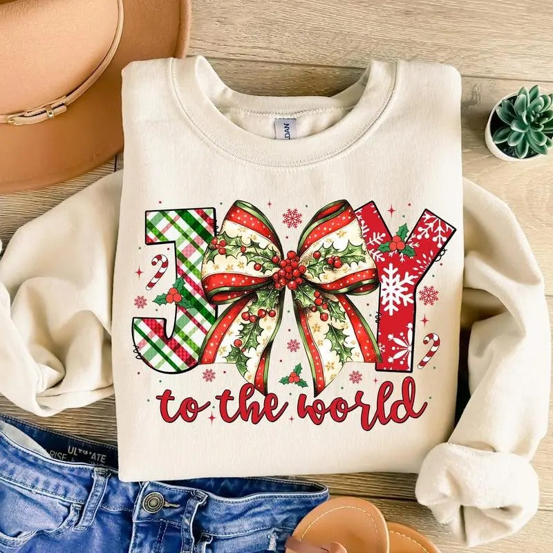 Joy to the World Christmas Patterns Graphic Printed Unisex Cotton Sweatshirt T-Shirts, Hoodie | HypeCrazeTee.com