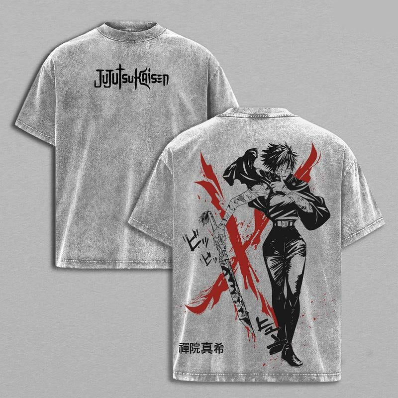 Jujutsu Kaisen Maki Zenin Anime Manga Tee Oversized Washed Vintage Heavy Cotton Double Print Unisex T-Shirt, Execution...