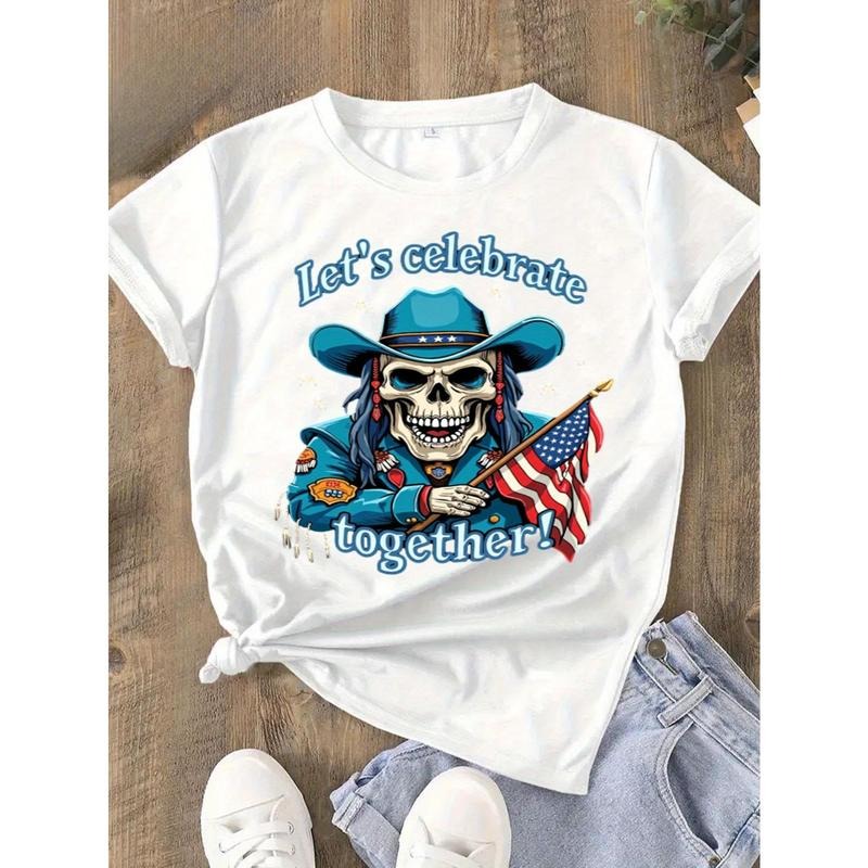 Round Neck T-shirt 100% Cotton Cowboy Skull American Flag T Shirt Lets Celebrate Together Patriotic Graphic Tee for Women...