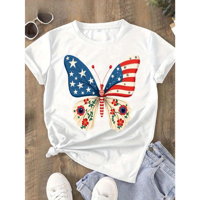 Round Neck T-shirt 100% Patriotic Butterfly T Shirt American Flag Floral Design for Women Plus Size Casual Tee USA...