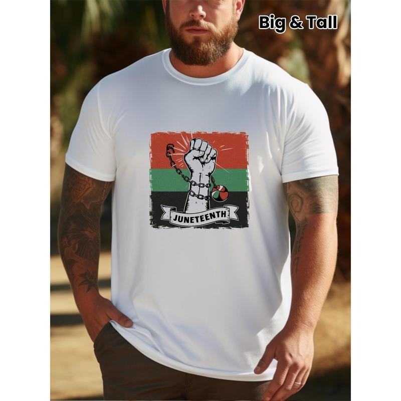Juneteenth Print Men's Plus Size Short Sleeve T-Shirts, Comfy Casual Elastic Crew Neck Tops, Men's Daily Clothing Hoodie,...