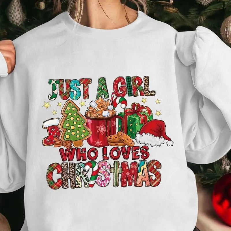 Just A Girl Who Love Christmas Sweatshirt, Women's Cartoon Christmas & Letter Print Crew Neck Sweatshirt - Unisex...