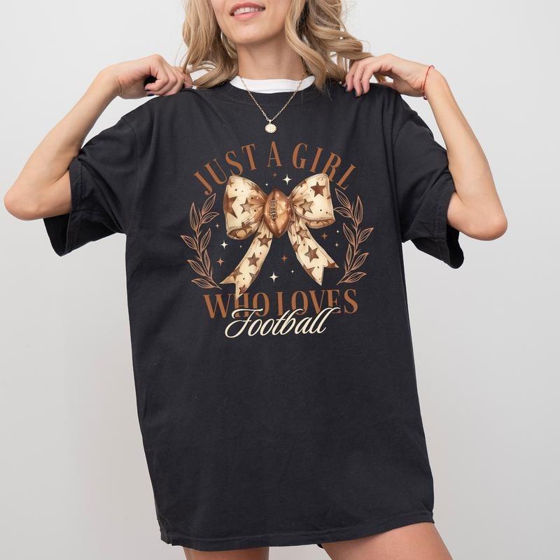Just A Girl Who Loves Football Shirt, Girly Fall Coquette Bow Tee for Girls, Cute Football Tshirt Comfort Colors, Fall...