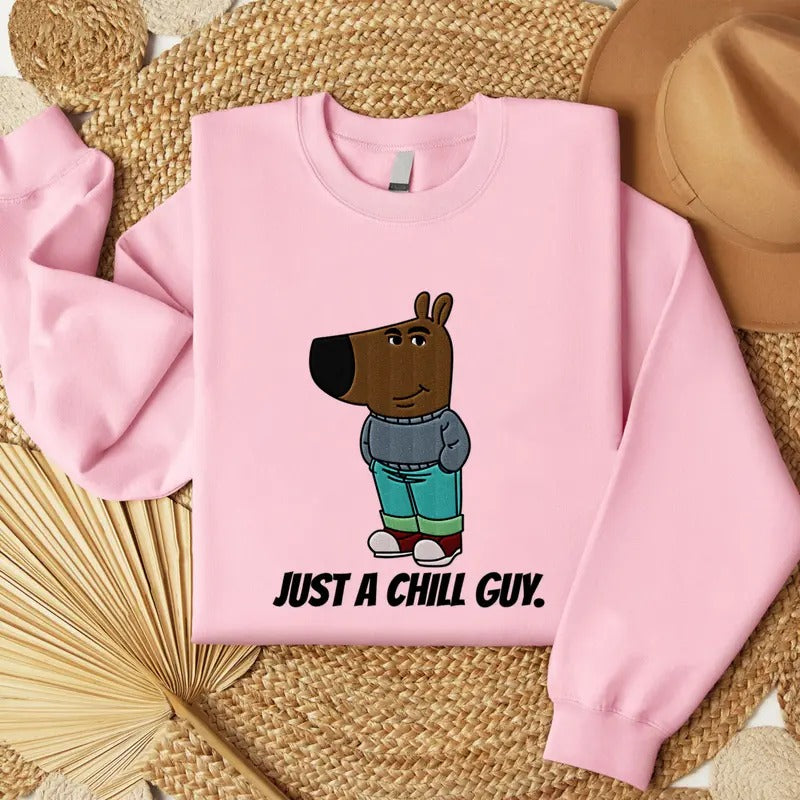 Just A Lowkey Chill Guy Meme Embroidered Sweatshirt, Funny Meme Embroidered T-Shirt Hoodie | HypeCrazeTee.com