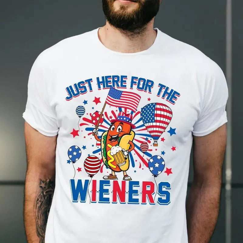 Just Here For The Wieners Shirt: 4th of July Funny Hot Dog Tee Retro America Patriotic Independence Day Shirt
