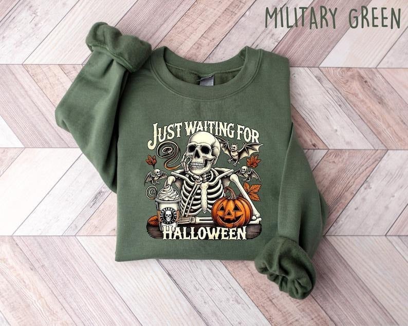 Just Waiting For Halloween Sweatshirt, Funny Halloween Shirt, Halloween Skull Sweatshirt, Halloween Summer Shirt,...