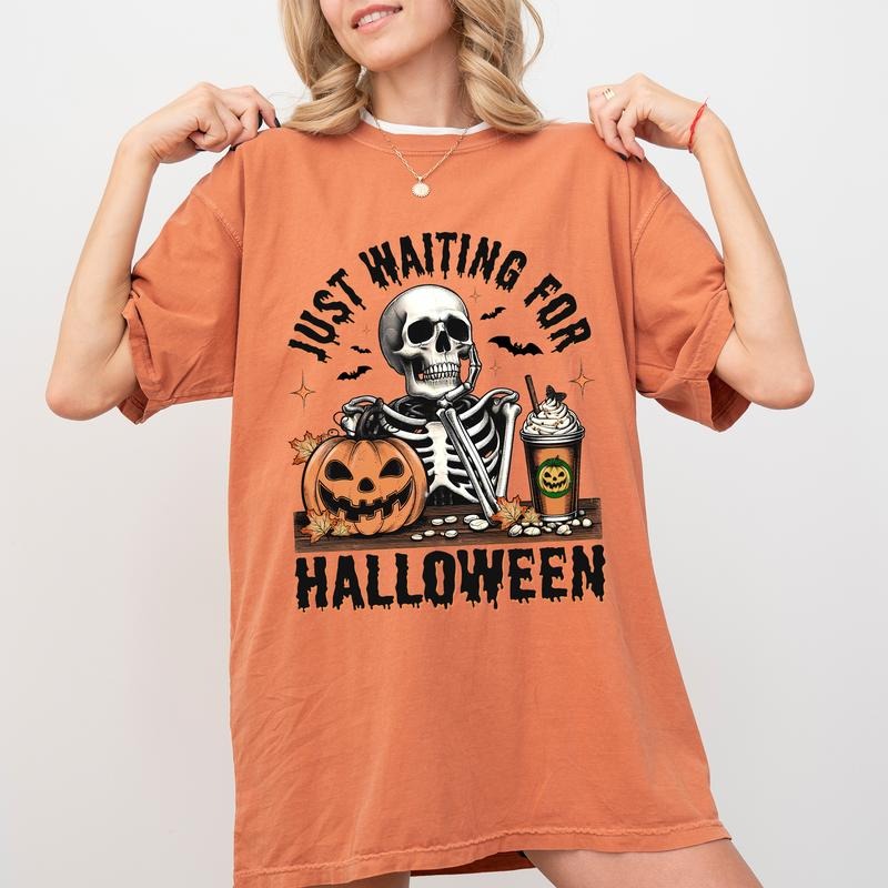 Just Waiting for Halloween Comfort Colors Shirt, Funny Skeleton Halloween Graphic Tee, Vintage Skeleton Unhinged Shirt,...