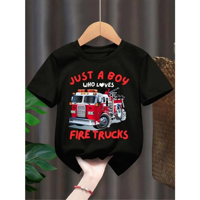 Just a Boy Who Loves Fire Trucks" - Soft Cotton Crew Neck T-Shirt for Youngsters, Vibrant Red & Yellow Graphic Print,...