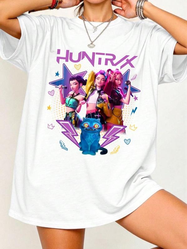 K-Pop Demon Hunter T-Shirt Top, Cartoon Style, Fashion Gift, Casual Loose-Fitting Summer Wear, Daily Leisure Clothing...