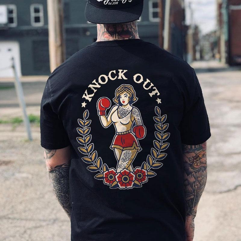 KNOCK OUT Boxing Lady with Tattoo Black Print T-Shirt Hoodie, Sweatshirt | HypeCrazeTee.com