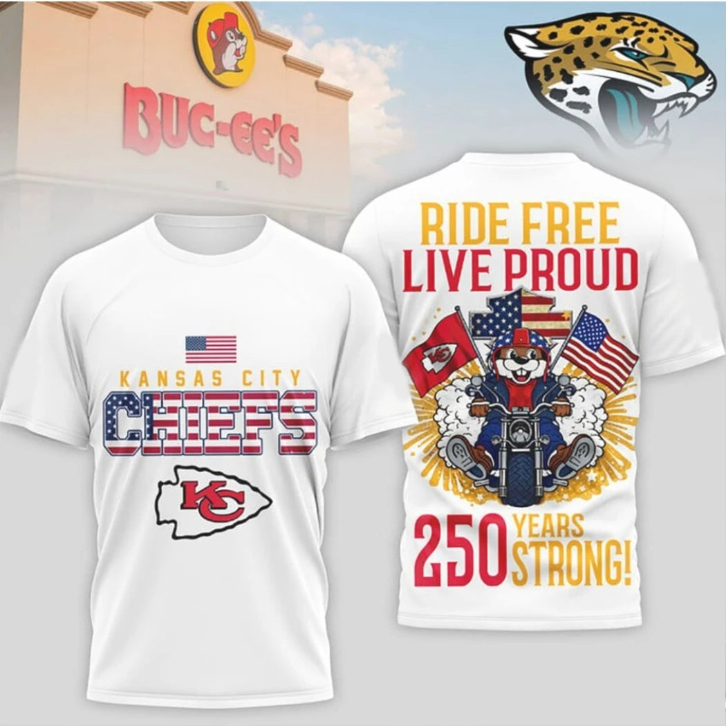Kansas City Chiefs Buc ee’s Biker Ride Free Live Proud 250 Years Strong Logo Two Sided Shirt